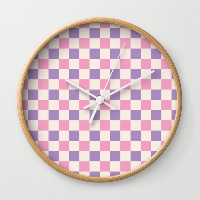 Checkerboard Mini Check Pattern Pink Purple Cream  Wall Clock