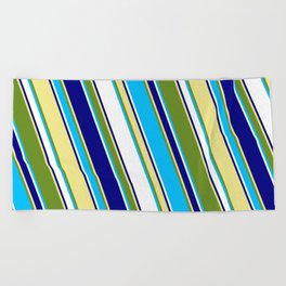 [ Thumbnail: Eyecatching Green, Deep Sky Blue, White, Blue, and Tan Colored Stripes/Lines Pattern Beach Towel ]