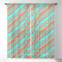 [ Thumbnail: Red & Cyan Colored Lined/Striped Pattern Sheer Curtain ]