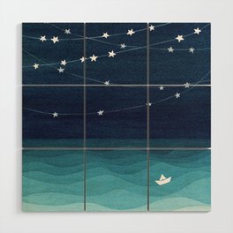 Garlands of stars, watercolor teal ocean Wood Wall Art