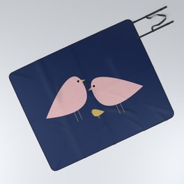 Bird Family in Pink, Navy Blue, and Mustard -  Minimalist Scandinavian Mid-Century Modern Design Picnic Blanket