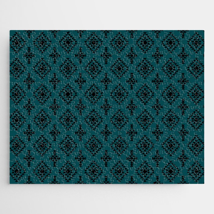Teal Blue and Black Native American Tribal Pattern Jigsaw Puzzle