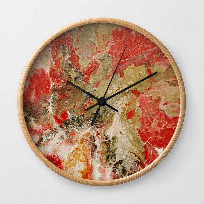 Acrylic pour abstract Red and Gold 1 Wall Clock