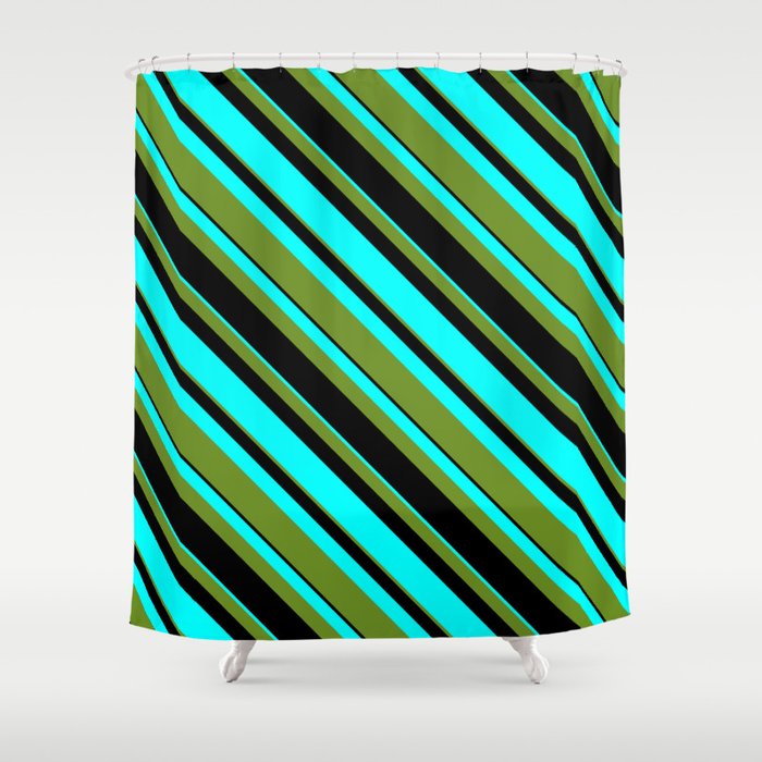 Green, Black, and Aqua Colored Lined Pattern Shower Curtain
