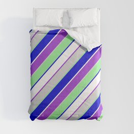 [ Thumbnail: Light Gray, Light Green, Blue, White & Dark Orchid Colored Lined Pattern Comforter ]
