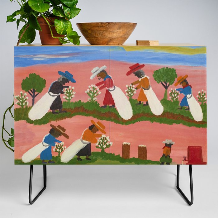 African American Masterpiece 'Six Figures Picking Cotton' folk art painting by Clementine Hunter Credenza