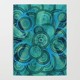 Gentle Teal and blue Circular Tribal  pattern Poster