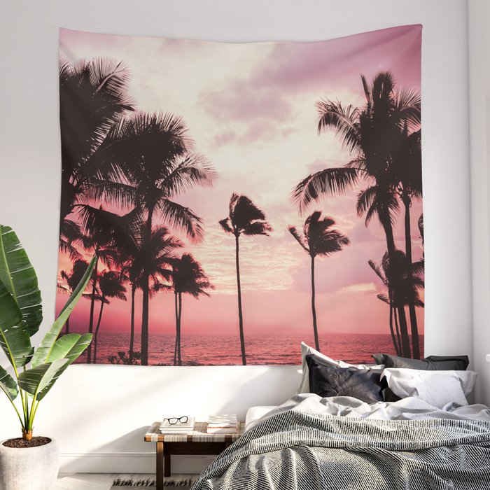 Printed in the USA Pink Tropical Sunset Tapestry Wall Hanging Palm Trees Landscape Palms Watercolor Tapestries Dorm Room Bedroom Decor Art Small to Giant Sizes 