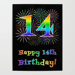 [ Thumbnail: 14th Birthday - Fun Rainbow Spectrum Gradient Pattern Text, Bursting Fireworks Inspired Background Poster ]