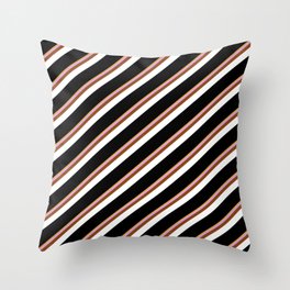 [ Thumbnail: Eye-catching Goldenrod, Plum, Brown, White & Black Colored Stripes Pattern Throw Pillow ]