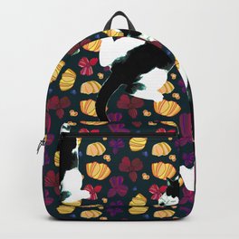 Benji the Cat, Navy, Soft Yellow, Flowers, and Purple Backpack | Flowers, White, Pet, Cats, Digital, Navyblue, Cat, Black, Floral, Kitty 