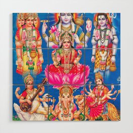 Lakshmi showering money with Ganesha, Saraswati, Shiva, Vishnu, and Durga  Wood Wall Art