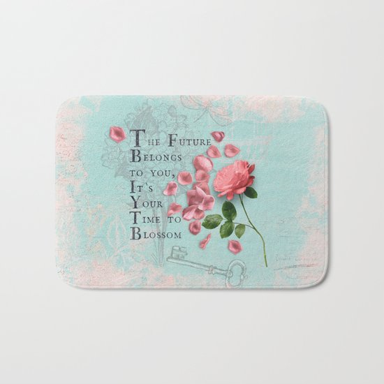Future- Quote with Rose Flower- Floral Collage and Wisdom on turquoise background Bath Mat