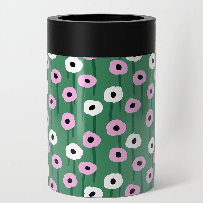 Abstract Poppies Pink & Green Can Cooler
