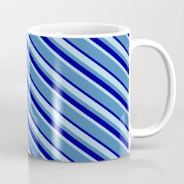 [ Thumbnail: Light Blue, Blue & Dark Blue Colored Lined/Striped Pattern Coffee Mug ]