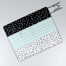 Modern black white teal stripes watercolor polka dots Picnic Blanket
