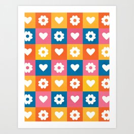 Checkered Hearts And Daisies Art Print