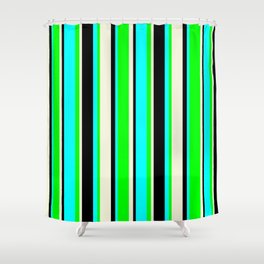 [ Thumbnail: Beige, Lime, Aqua, and Black Colored Lines Pattern Shower Curtain ]