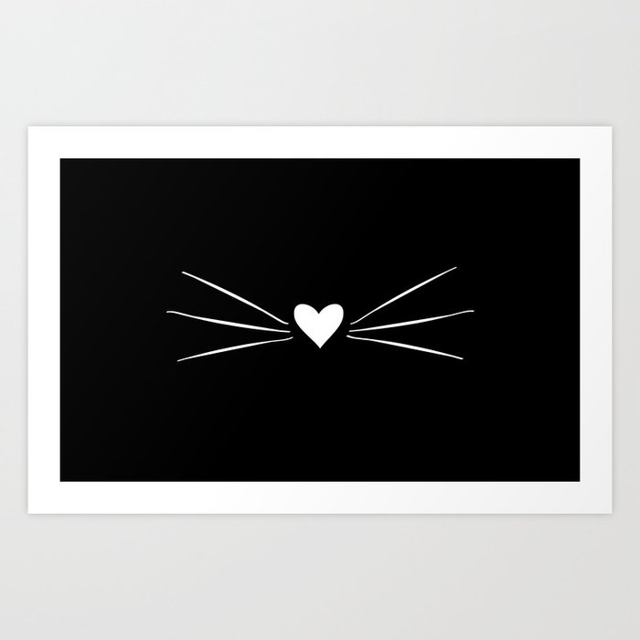 Cat Heart Nose & Whiskers White on Black Kunstdrucke