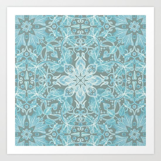 Soft Teal Blue & Grey hand drawn floral pattern Art Print