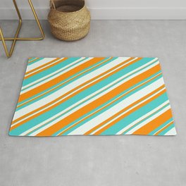 [ Thumbnail: Mint Cream, Dark Orange & Turquoise Colored Lined/Striped Pattern Rug ]
