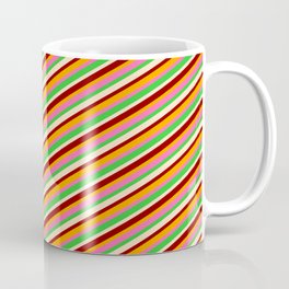 [ Thumbnail: Vibrant Hot Pink, Lime Green, Bisque, Dark Red & Orange Colored Lined Pattern Coffee Mug ]