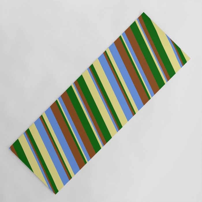Tan, Cornflower Blue, Brown, and Dark Green Colored Lines/Stripes Pattern Yoga Mat