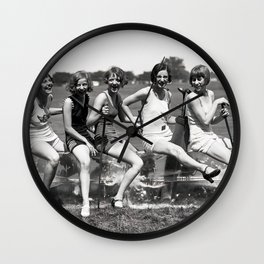 Lady Golfers, Black and White Vintage Art Wall Clock