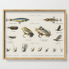 Angling baits antique illustration 1879 | Vintage drawing of fishing lures | Salmon & Trout flies  Serving Tray