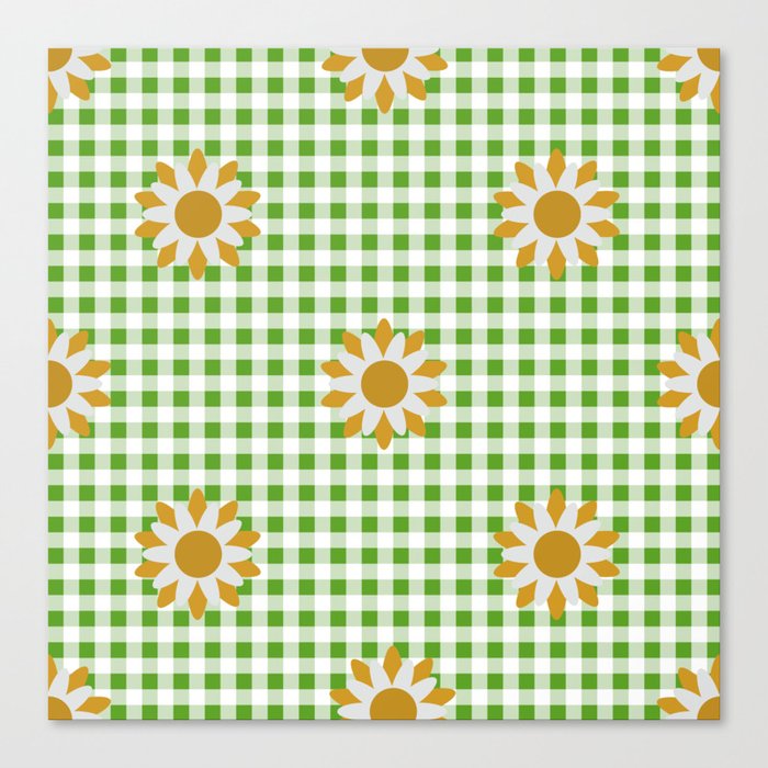Green Colored Checker Board Effect Grid Illustration with Gold Mustard Daisy Flowers Canvas Print