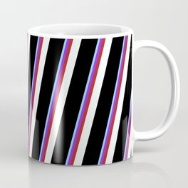 [ Thumbnail: Light Sky Blue, Purple, Red, Mint Cream, and Black Colored Lined/Striped Pattern Coffee Mug ]