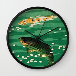 Vintage Japanese Woodblock Print Asian Art Koi Pond Fish Turquoise Green Water Cherry Blossom Wall Clock