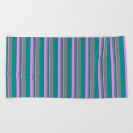 [ Thumbnail: Dark Cyan, Grey, and Violet Colored Stripes/Lines Pattern Beach Towel ]