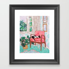 Little Naps - Tuxedo Cat Napping in a Pink Mid-Century Chair by the Window Framed Art Print