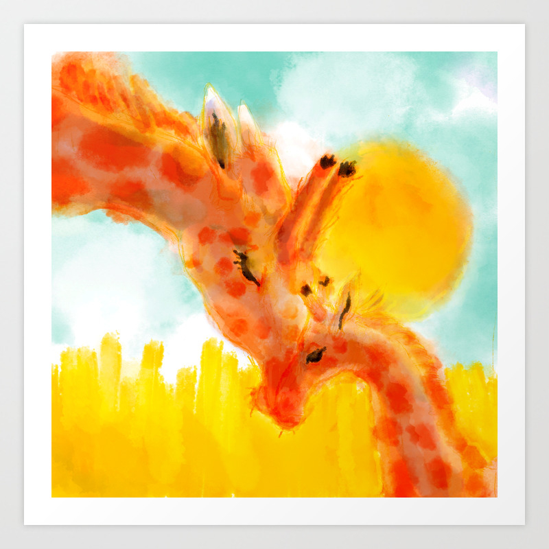 Sweet Painting Of A Mother Giraffe And Her Baby Cuddling Under The