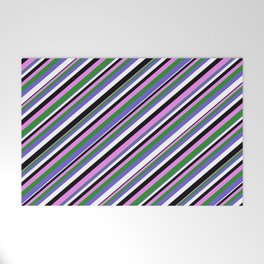 [ Thumbnail: Violet, Forest Green, Slate Blue, White & Black Colored Pattern of Stripes Welcome Mat ]