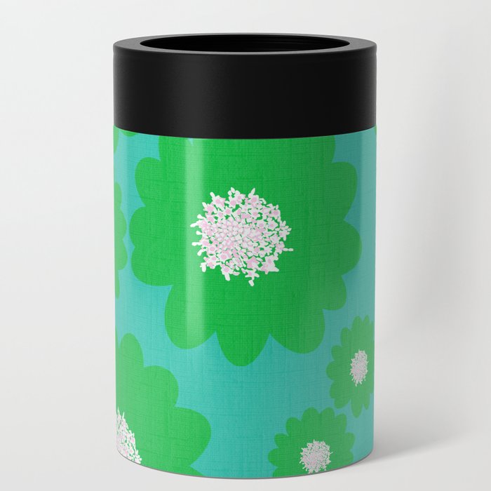 Cheerful Green Retro Modern Flowers On Turquoise Can Cooler