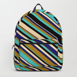 [ Thumbnail: Vibrant Dark Goldenrod, Turquoise, Black, Beige & Midnight Blue Colored Lines Pattern Backpack ]