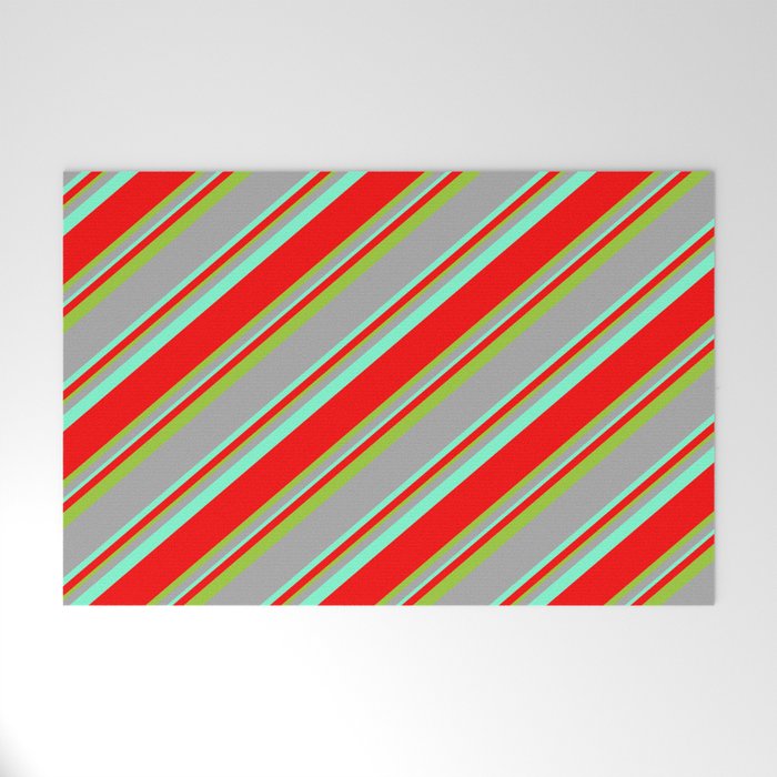 Dark Gray, Aquamarine, Red & Green Colored Lines Pattern Welcome Mat