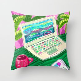 Colorful illustration with laptop and a cup of tea Throw Pillow