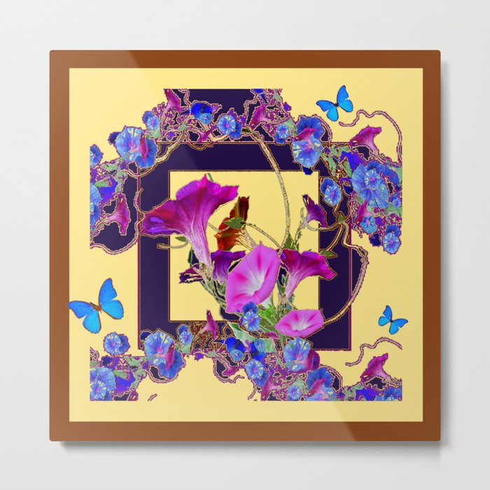 Indigo Purple Morning Glories Butterfly Patterns Brown Cream Art Metal Print