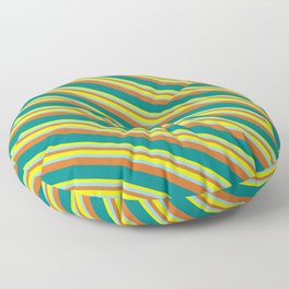 [ Thumbnail: Yellow, Light Sky Blue, Chocolate & Teal Colored Pattern of Stripes Floor Pillow ]