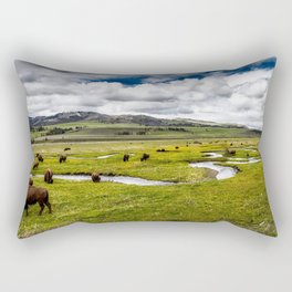 Yellowstone, Home on the range, American buffalo / bison grazing in spring fields of green river prairie landscape color photograph / photography Rectangular Pillow