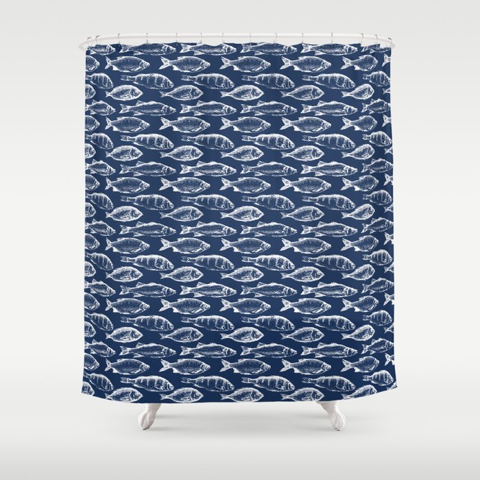 Fish // Navy Blue Shower Curtain