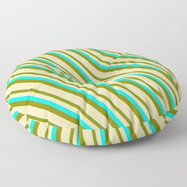 [ Thumbnail: Cyan, Green, and Tan Colored Striped Pattern Floor Pillow ]