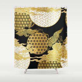 Black and gold crane birds sky cloud japanese chinese Shower Curtain