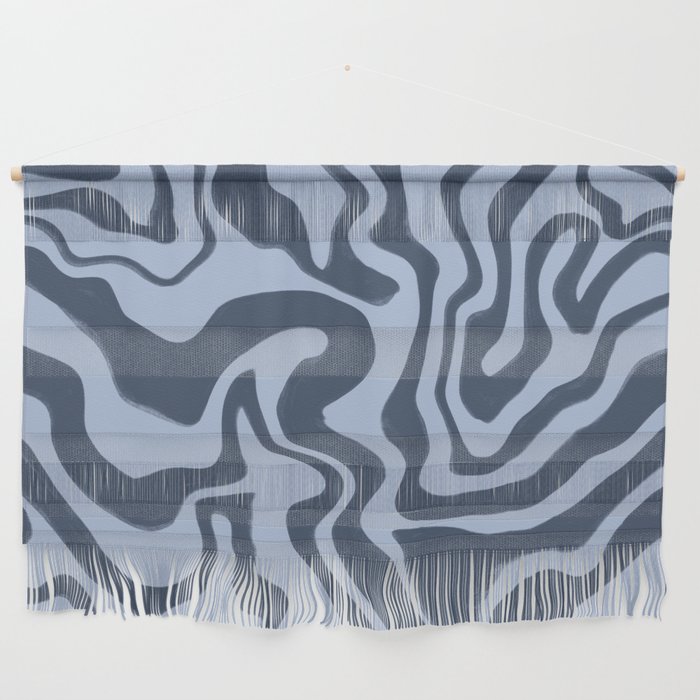 Dark Blue Liquid Swirl Lines on Baby Blue Background Wall Hanging