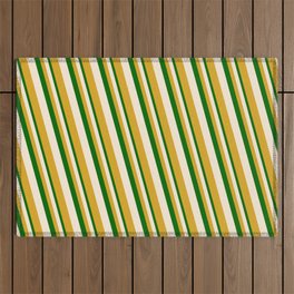 [ Thumbnail: Dark Green, Beige, and Goldenrod Colored Stripes/Lines Pattern Outdoor Rug ]