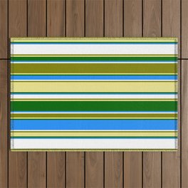 [ Thumbnail: Eyecatching Green, Tan, Dark Green, Blue, and White Colored Lines Pattern Outdoor Rug ]