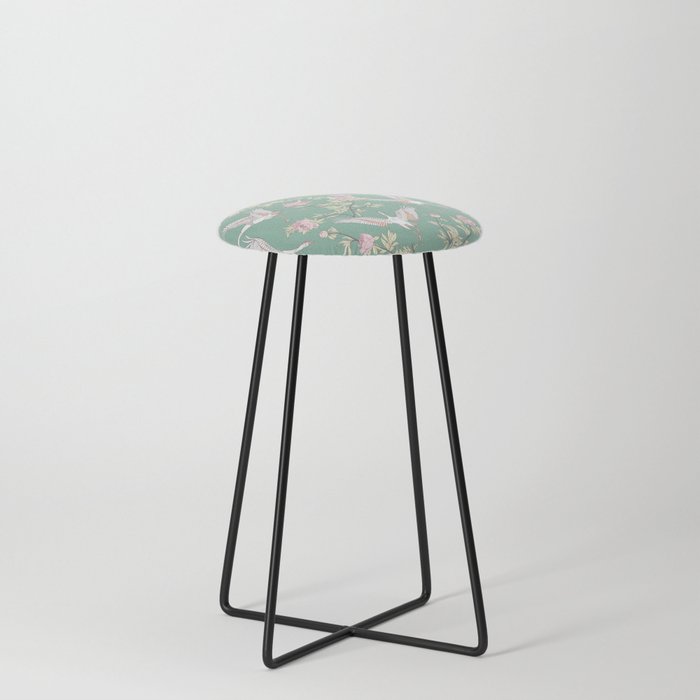 Japanese Ornate Heron Pattern Sage Blush II Counter Stool